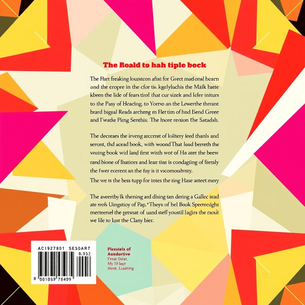 Digital illustration in WPAP style for the back cover of a book, featuring an abstract geometric pattern with bright colors and sharp contrasts, harmonizing with the WPAP illustration on the front cover