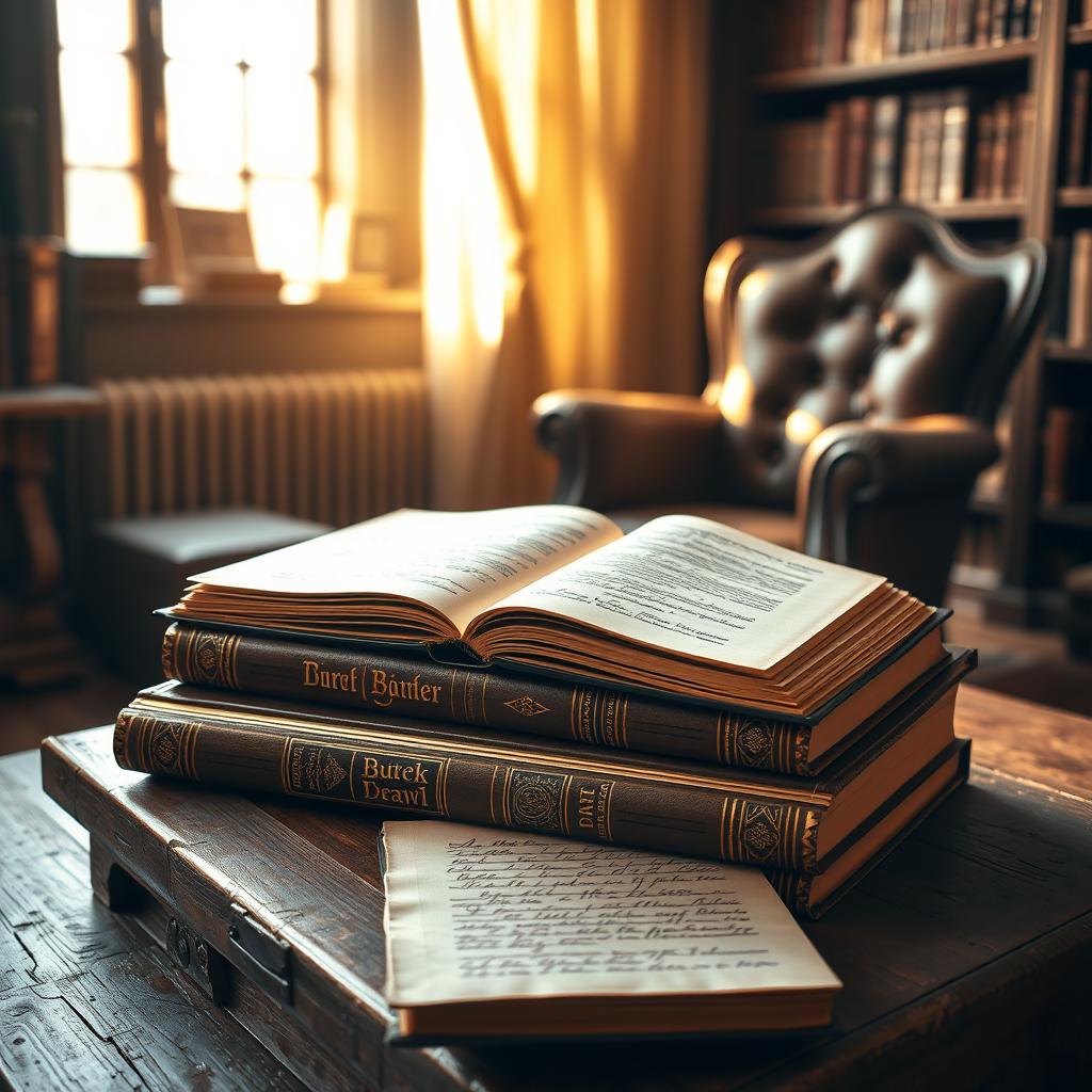 A beautifully arranged scene featuring a stack of vintage books on a rustic wooden table, softly illuminated by warm sunlight streaming through a nearby window