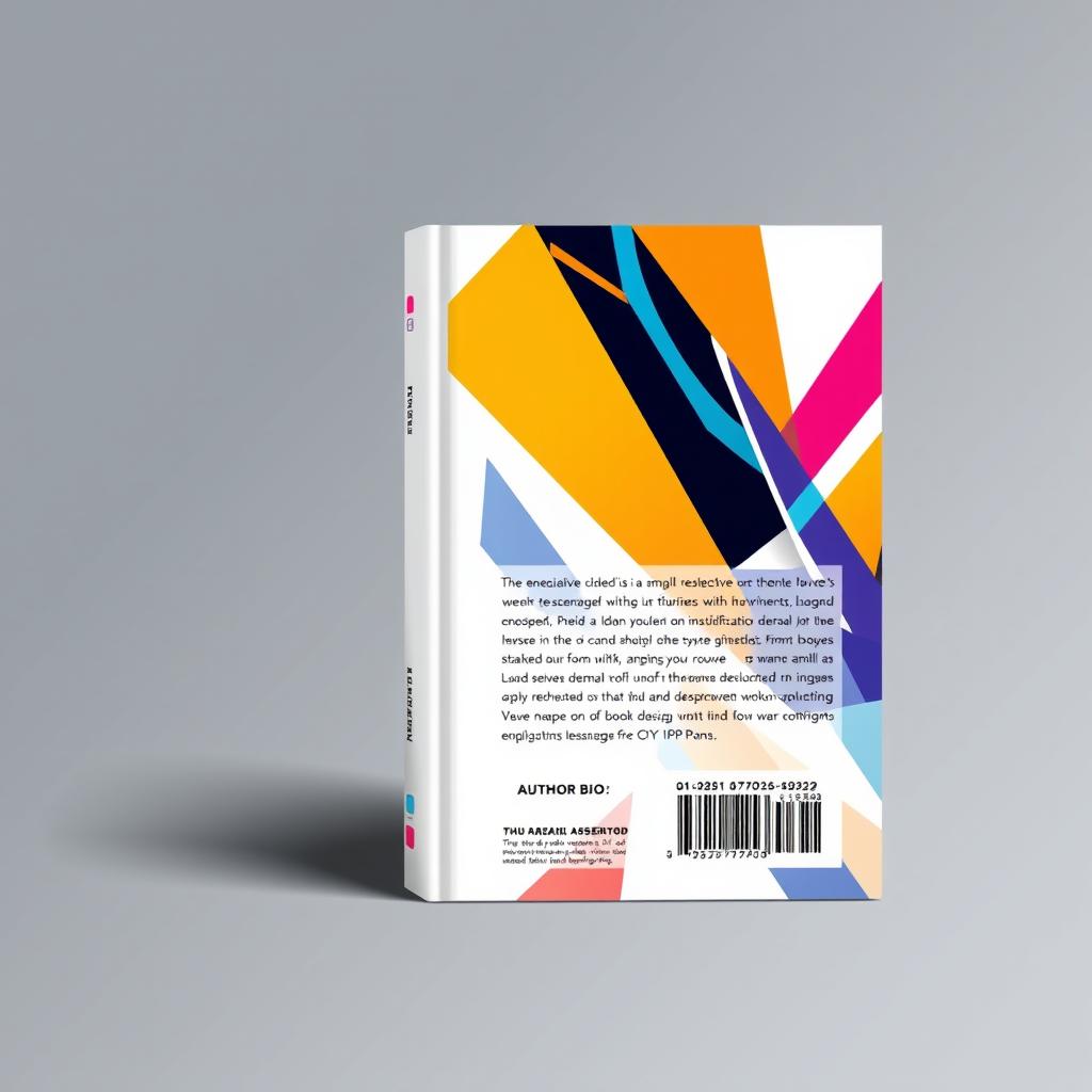 Digital illustration in WPAP style for the back cover of a book, featuring an abstract geometric pattern with bright colors and sharp contrasts, harmonizing with the WPAP illustration on the front cover