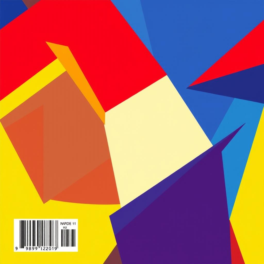 Digital illustration in WPAP style for the back cover of a book, featuring an abstract composition of geometric shapes in bright colors like red, yellow, blue, and green, creating a dynamic and modern effect
