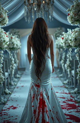 A bride walking towards the podium, seen from behind, wearing a wedding dress that is splattered with red blood