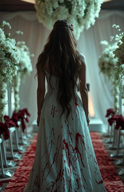 A bride walking towards the podium, seen from behind, wearing a wedding dress that is splattered with red blood