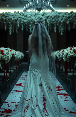 A bride walking towards the podium, seen from behind, wearing a wedding dress that is splattered with red blood