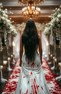 A bride walking towards the podium, seen from behind, wearing a wedding dress that is splattered with red blood