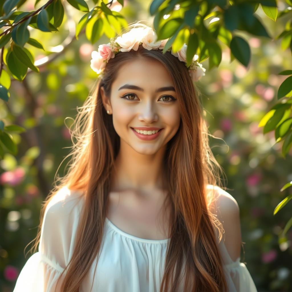 A portrait of a beautiful young woman with long flowing hair, smiling gently against a soft, blurred nature background filled with flowers and greenery