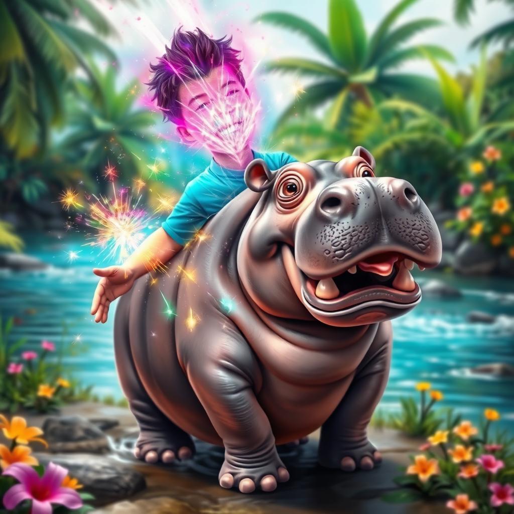 A whimsical scene of a person magically transforming into a hippo