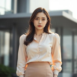 A 28-year-old Korean woman named Soo-ah, dressed in a light pastel blouse paired with a fitted skirt