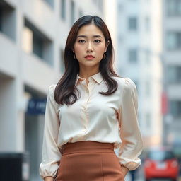 A 28-year-old Korean woman named Soo-ah, dressed in a light pastel blouse paired with a fitted skirt