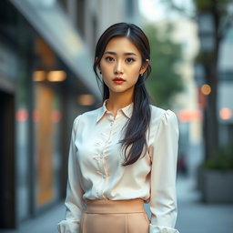 A 28-year-old Korean woman named Soo-ah, dressed in a light pastel blouse paired with a fitted skirt