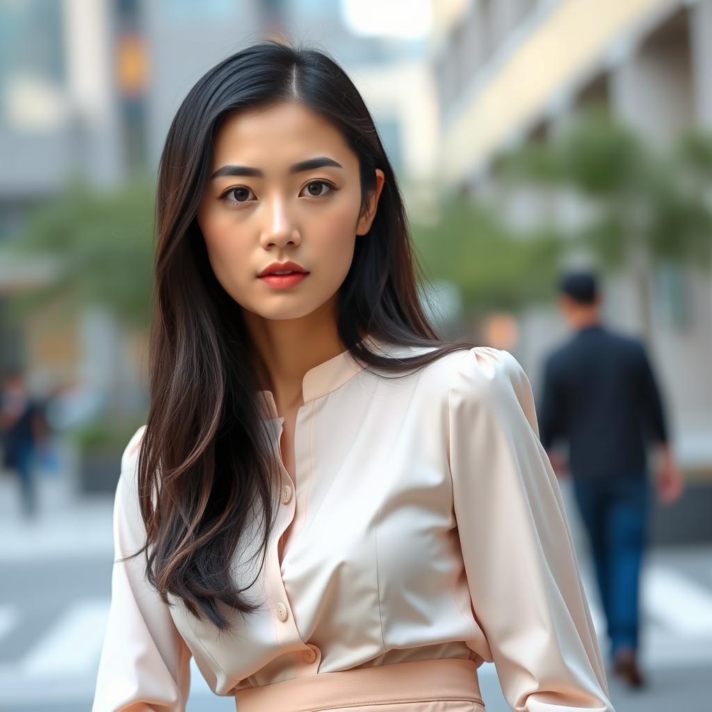 A 28-year-old Korean woman named Soo-ah, dressed in a light pastel blouse paired with a fitted skirt