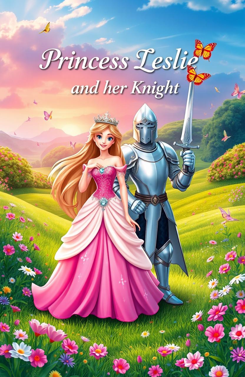 A beautiful fantasy landscape featuring a pretty princess in the center, named Princess Leslie, wearing an elegant, flowing gown adorned with sparkling jewels