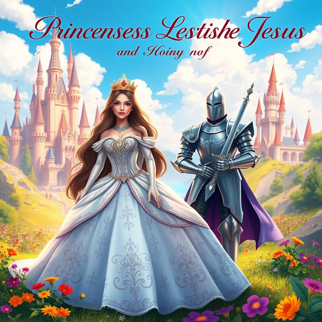 A vibrant fantasy land featuring a regal princess named Leslie at the center