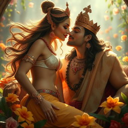 An enchanting scene of a beautiful and graceful apsara, adorned with exquisite jewelry on her feet and neck, captured in a soft and romantic light