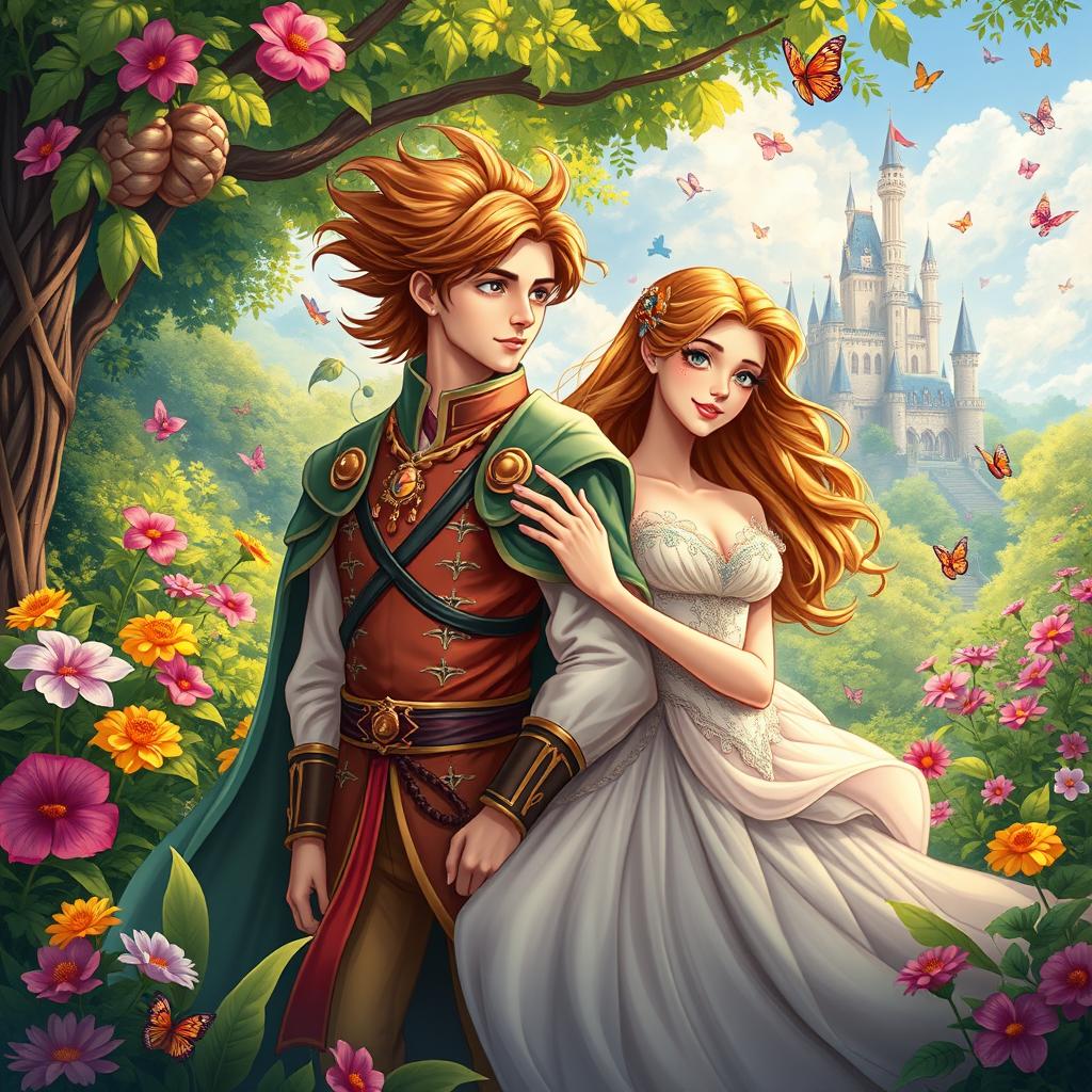 A vibrant and dynamic illustration featuring the main characters from "Florante at Laura," showcasing Florante, a handsome young prince with flowing hair and noble attire, surrounded by lush greenery in a magical forest
