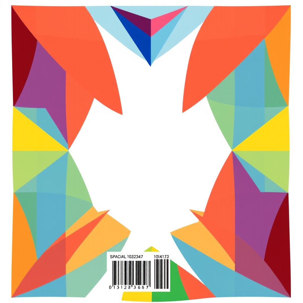 Digital illustration in WPAP style for the back cover of a book, featuring a vibrant color blend of red, blue, yellow, and green that merges geometrically, following the dominant colors of the front cover