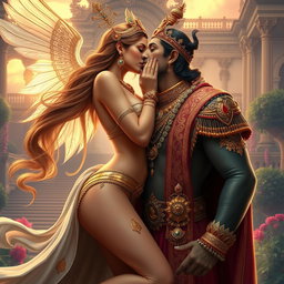 A stunning celestial apsara with graceful curves, adorned in exquisite jewelry on her feet and neck, passionately kissing a regal king