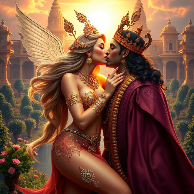 A stunning celestial apsara with graceful curves, adorned in exquisite jewelry on her feet and neck, passionately kissing a regal king