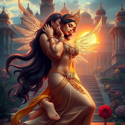 A stunning celestial apsara with graceful curves, adorned in exquisite jewelry on her feet and neck, passionately kissing a regal king