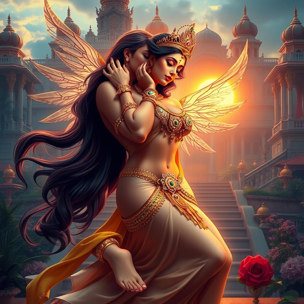 A stunning celestial apsara with graceful curves, adorned in exquisite jewelry on her feet and neck, passionately kissing a regal king