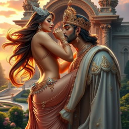A stunning celestial apsara with graceful curves, adorned in exquisite jewelry on her feet and neck, passionately kissing a regal king