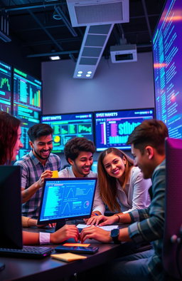 A group of diverse young people collaborating in a modern tech workspace, deeply engaged in a vibrant cybersecurity project