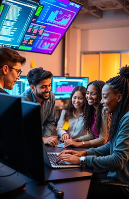 A group of diverse young people collaborating in a modern tech workspace, deeply engaged in a vibrant cybersecurity project