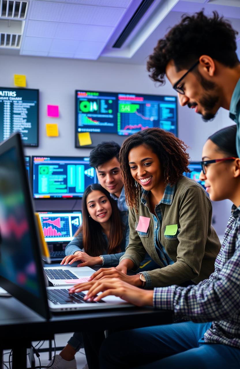 A group of diverse young people collaborating in a modern tech workspace, deeply engaged in a vibrant cybersecurity project