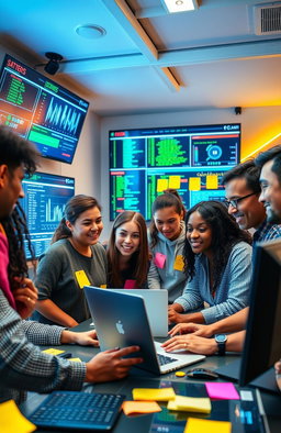 A group of diverse young people collaborating in a modern tech workspace, deeply engaged in a vibrant cybersecurity project