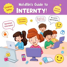 An engaging and colorful illustration for a children's guide to internet safety, featuring cartoon-style characters of diverse young people using computers, tablets, and smartphones in a bright, cheerful setting