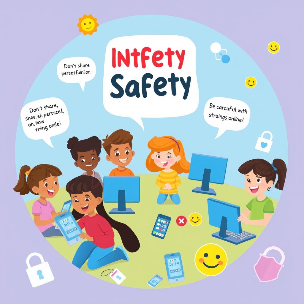 An engaging and colorful illustration for a children's guide to internet safety, featuring cartoon-style characters of diverse young people using computers, tablets, and smartphones in a bright, cheerful setting