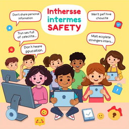 An engaging and colorful illustration for a children's guide to internet safety, featuring cartoon-style characters of diverse young people using computers, tablets, and smartphones in a bright, cheerful setting