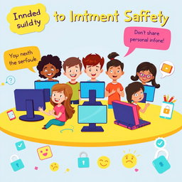 An engaging and colorful illustration for a children's guide to internet safety, featuring cartoon-style characters of diverse young people using computers, tablets, and smartphones in a bright, cheerful setting