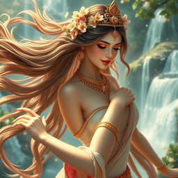 A stunningly beautiful Apsara (celestial nymph) portrayed as an enchanting goddess, gracefully dancing in an ethereal setting