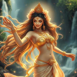 A stunningly beautiful Apsara (celestial nymph) portrayed as an enchanting goddess, gracefully dancing in an ethereal setting