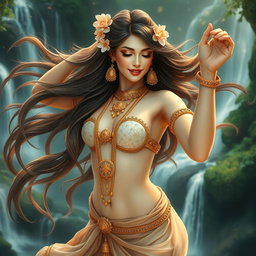 A stunningly beautiful Apsara (celestial nymph) portrayed as an enchanting goddess, gracefully dancing in an ethereal setting