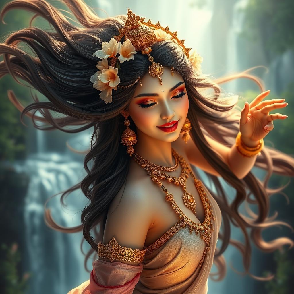 A stunningly beautiful Apsara (celestial nymph) portrayed as an enchanting goddess, gracefully dancing in an ethereal setting