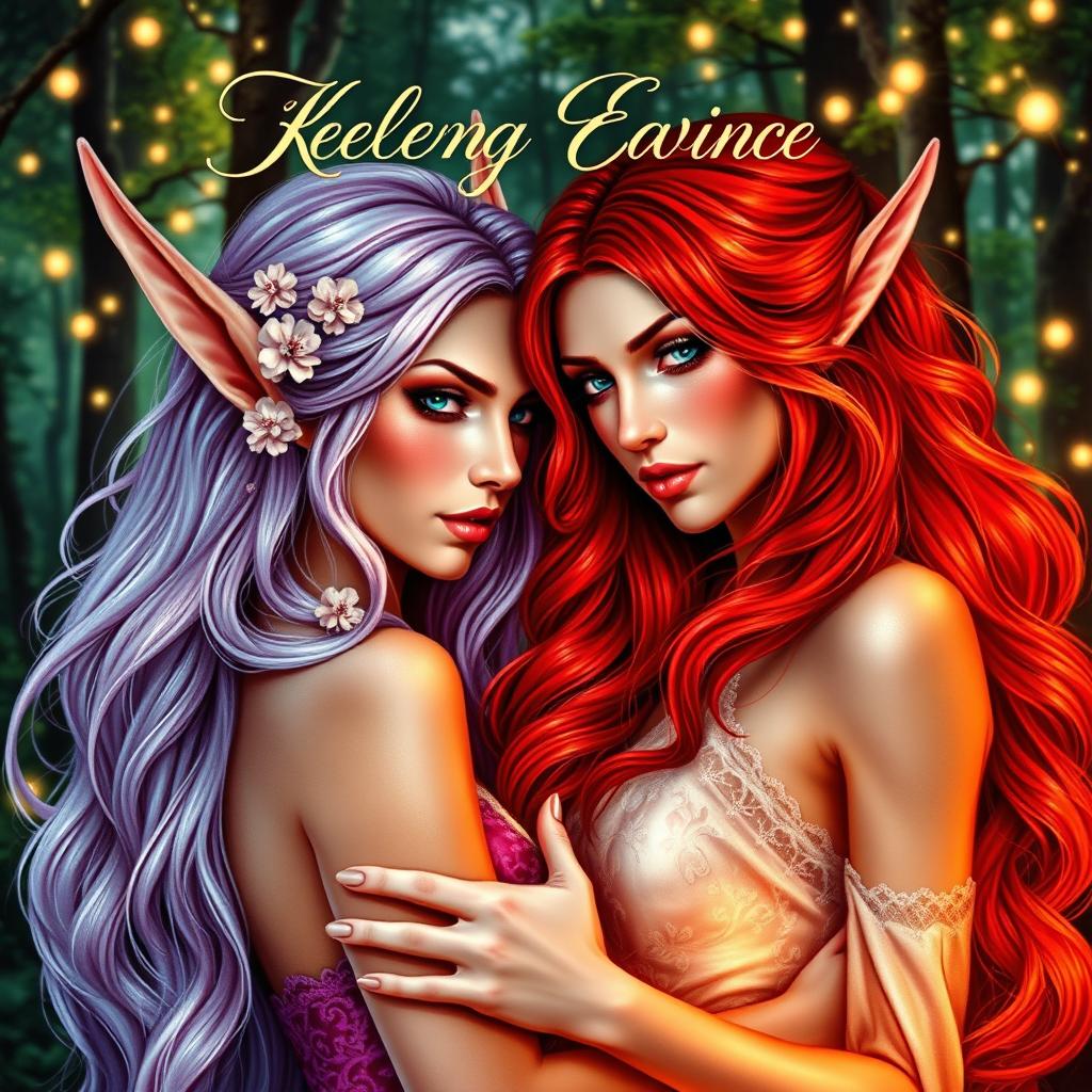 A striking book cover featuring two enchanting elven women in a romantically charged pose