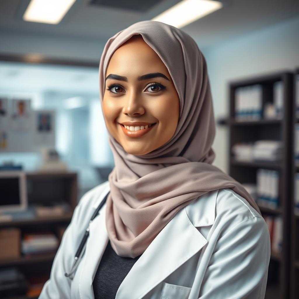 A beautiful female doctor wearing a hijab, elegantly styled with a professional look