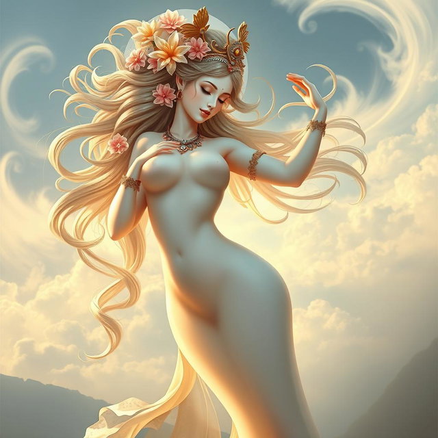 a stunning and ethereal apsara gracefully posed, representing the mythical celestial nymphs of Indian culture
