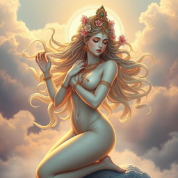 a stunning and ethereal apsara gracefully posed, representing the mythical celestial nymphs of Indian culture