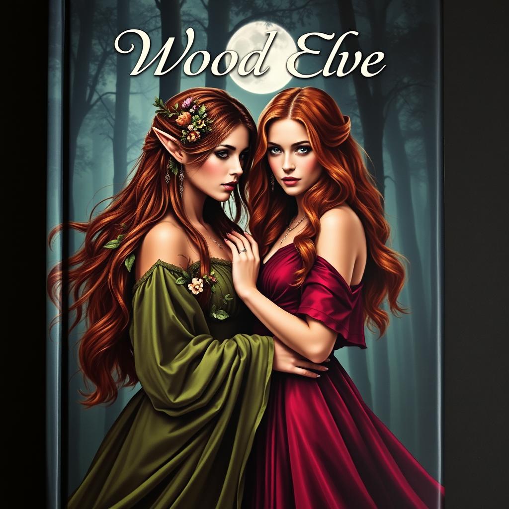 A striking book cover featuring two beautiful wood elf women in a dramatic and romantic pose, exuding an air of tragedy