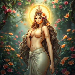 A stunning depiction of a beautiful Apsara, embodying grace and elegance, portrayed in a mythical garden filled with lush greenery and vibrant flowers