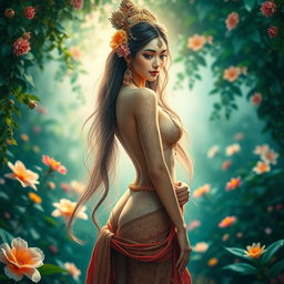 A stunning depiction of a beautiful Apsara, embodying grace and elegance, portrayed in a mythical garden filled with lush greenery and vibrant flowers