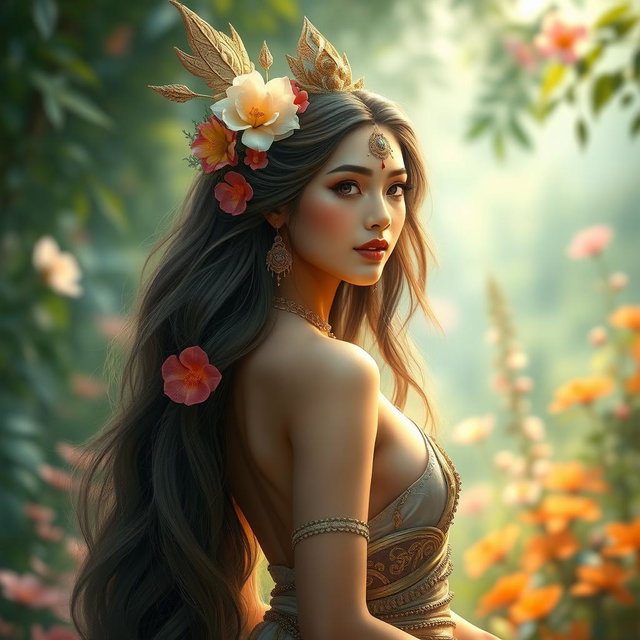 A stunning depiction of a beautiful Apsara, embodying grace and elegance, portrayed in a mythical garden filled with lush greenery and vibrant flowers