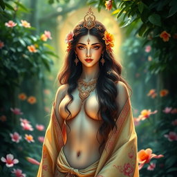 A stunning depiction of a beautiful Apsara, embodying grace and elegance, portrayed in a mythical garden filled with lush greenery and vibrant flowers