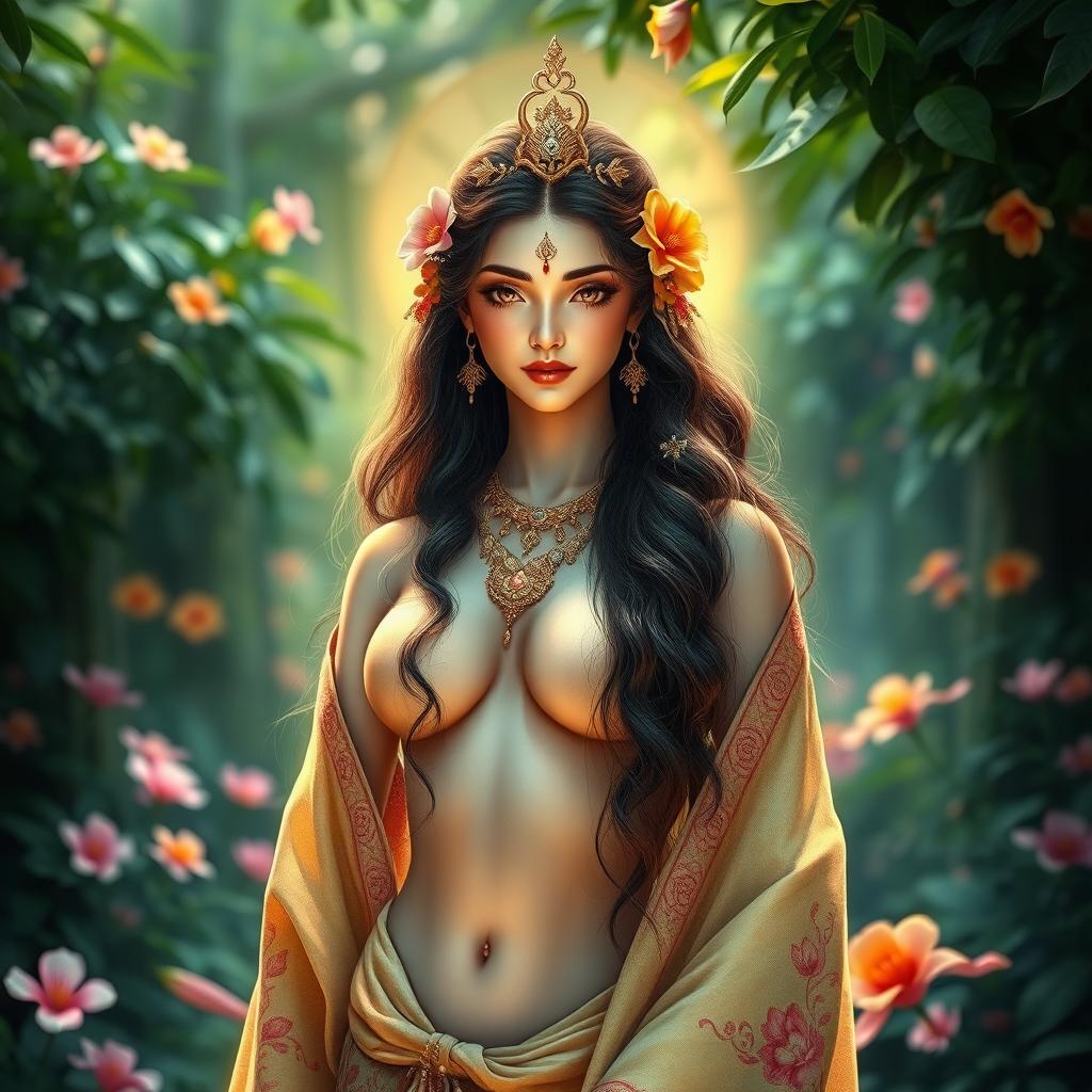A stunning depiction of a beautiful Apsara, embodying grace and elegance, portrayed in a mythical garden filled with lush greenery and vibrant flowers