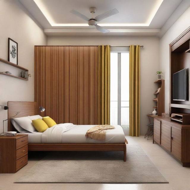 A well-furnished bedroom including a comfortable bed, a mirror table, a study table, a ceiling fan, a rack for knickknacks, and a spacious wardrobe.