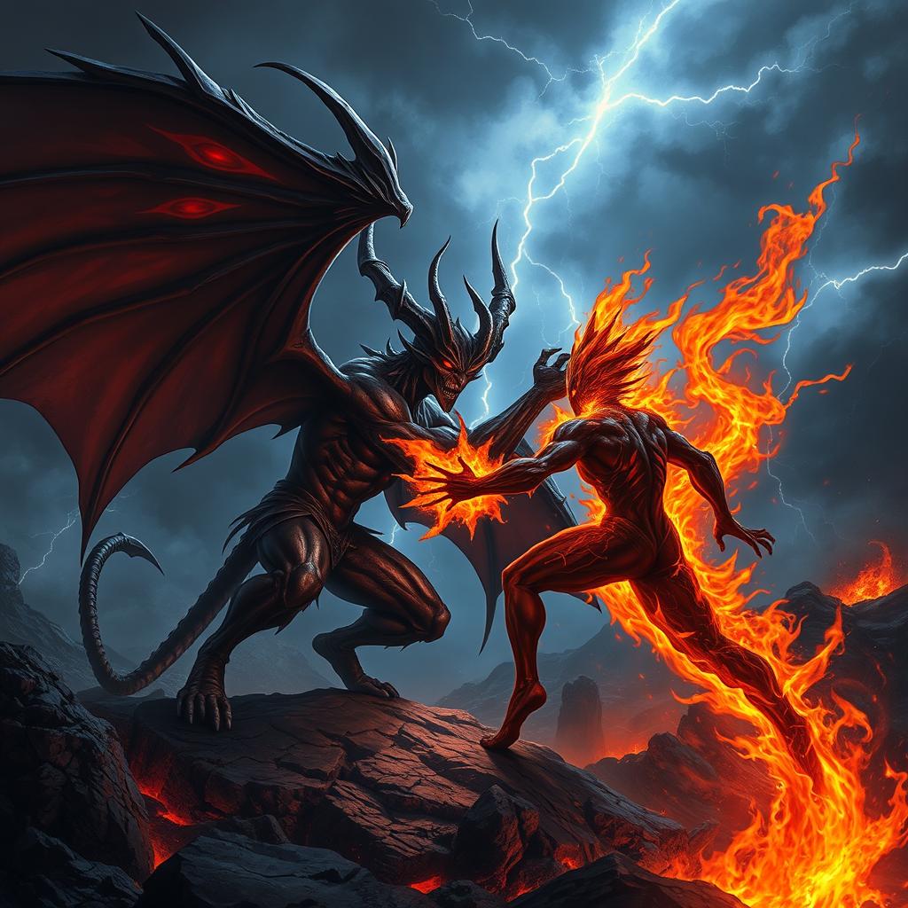 A dramatic battle scene between Azazel, a strong and imposing demon with large, dark wings and glowing red eyes, and an Ifrit, a fiery spirit surrounded by flames, with an intense fiery aura