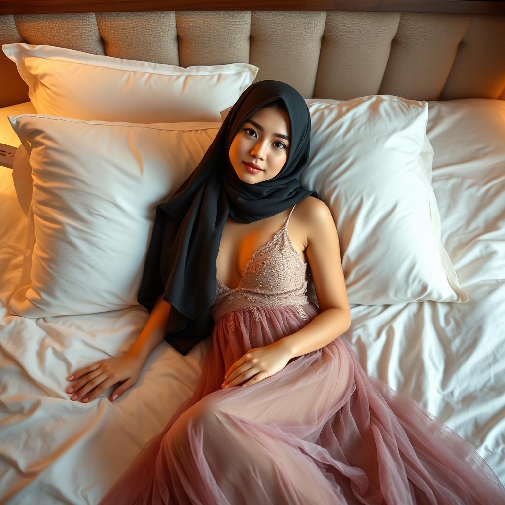 A gorgeous girl wearing a stunning night mesh dress, lying gracefully on a bed
