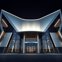 A striking architectural design, front elevation mimicking the V-shape of a V12 engine, showcasing angular and sloping facades that converge towards the center creating a dynamic visual effect
